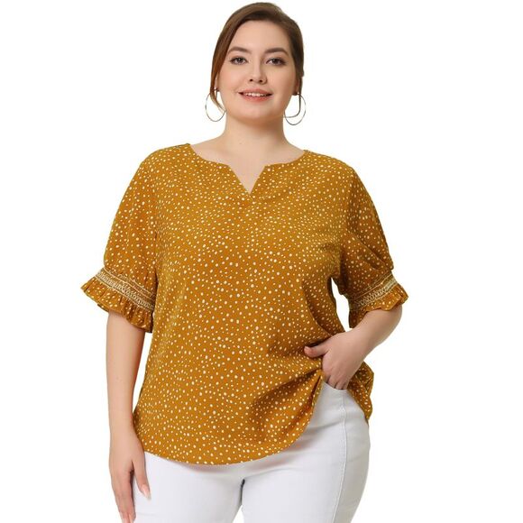 Plus Size Top for Women Pin Dots Boho Smocked Short Sleeves Blouses Yellow - Picture 3 of 5